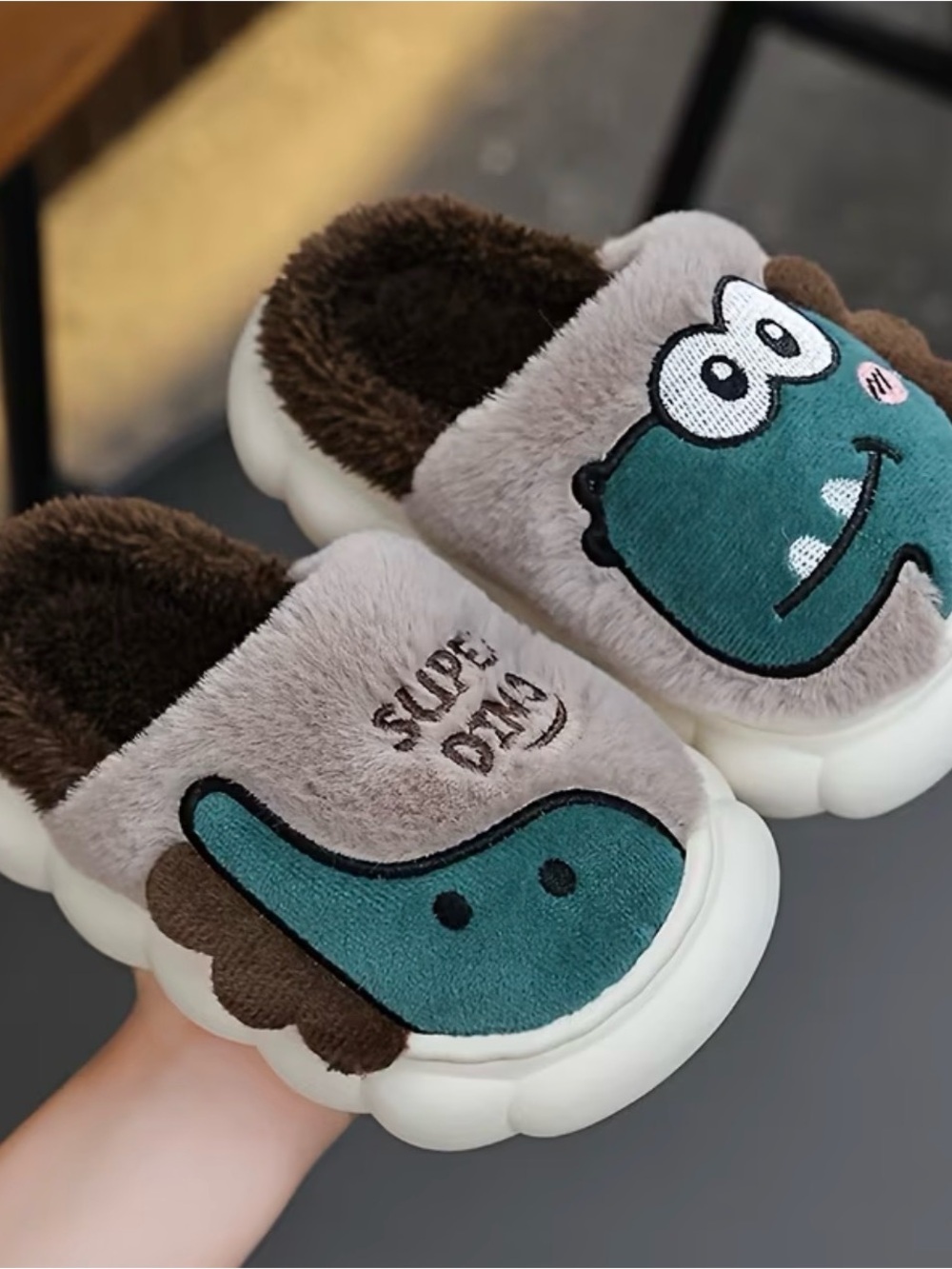 Kids Plush Dinosaur Slip-Ons Slippers Durable Indoor Outdoor Washable New